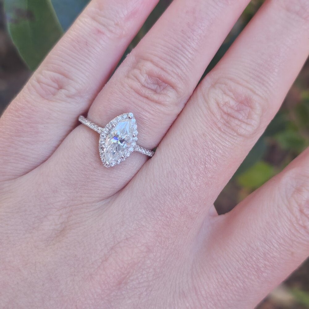 Marquise Cut Moissanite Engagement Ring, Statement, Size 6, Halo, Gift for her - Picture 7 of 7